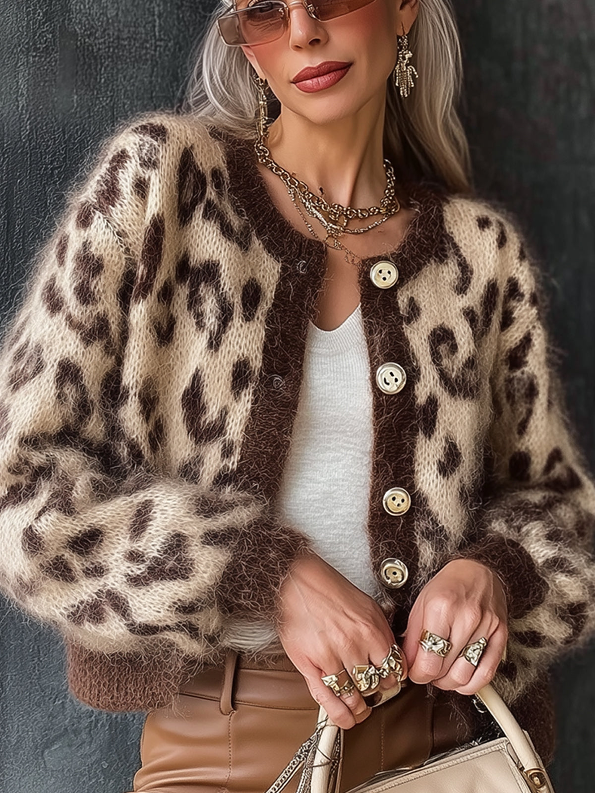 Brown Leopard Print Mohair Button Down Cardigan