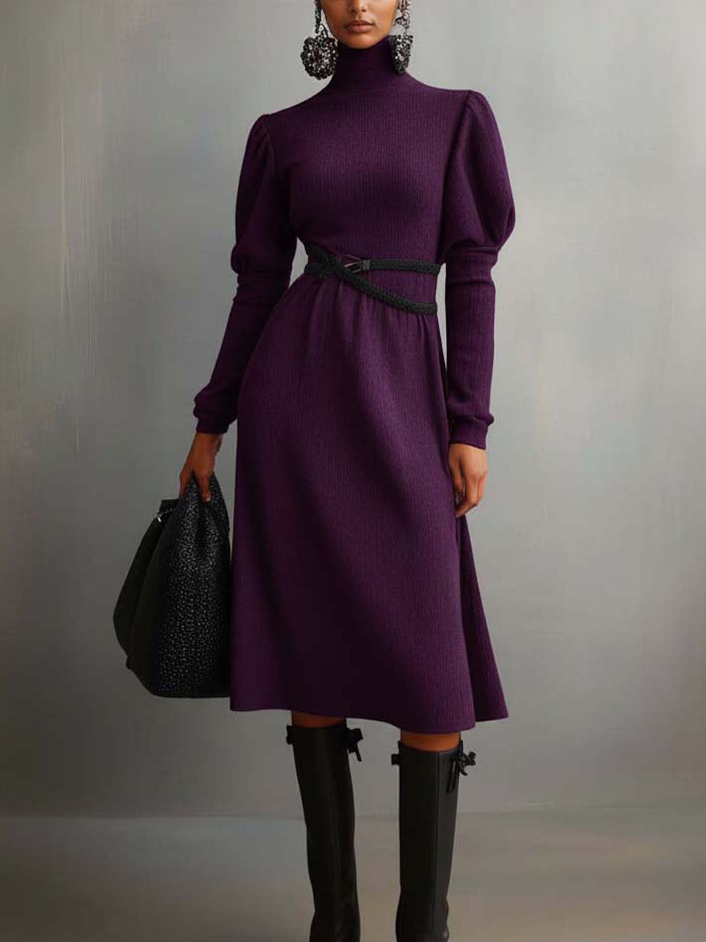 High-neck Purple Knitted Midi Dress With Black Belt
