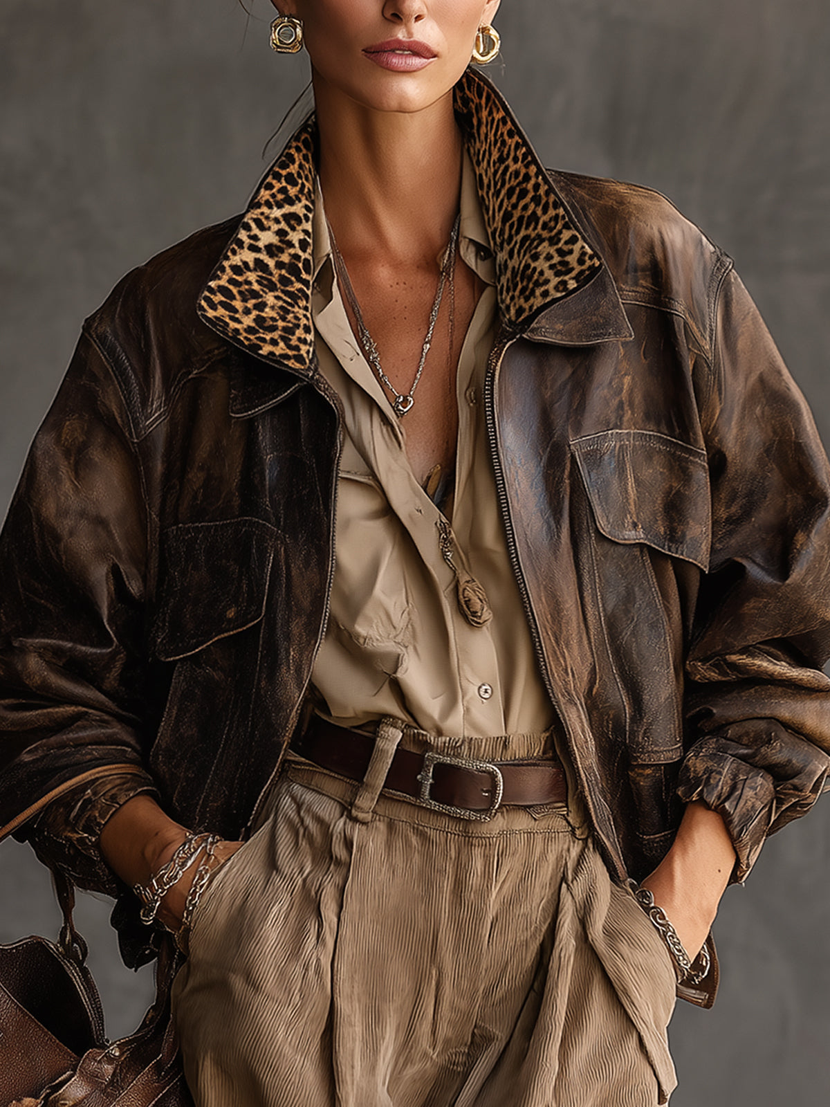 Brown Vintage Distressed Leopard Suede Collar Leather Jacket