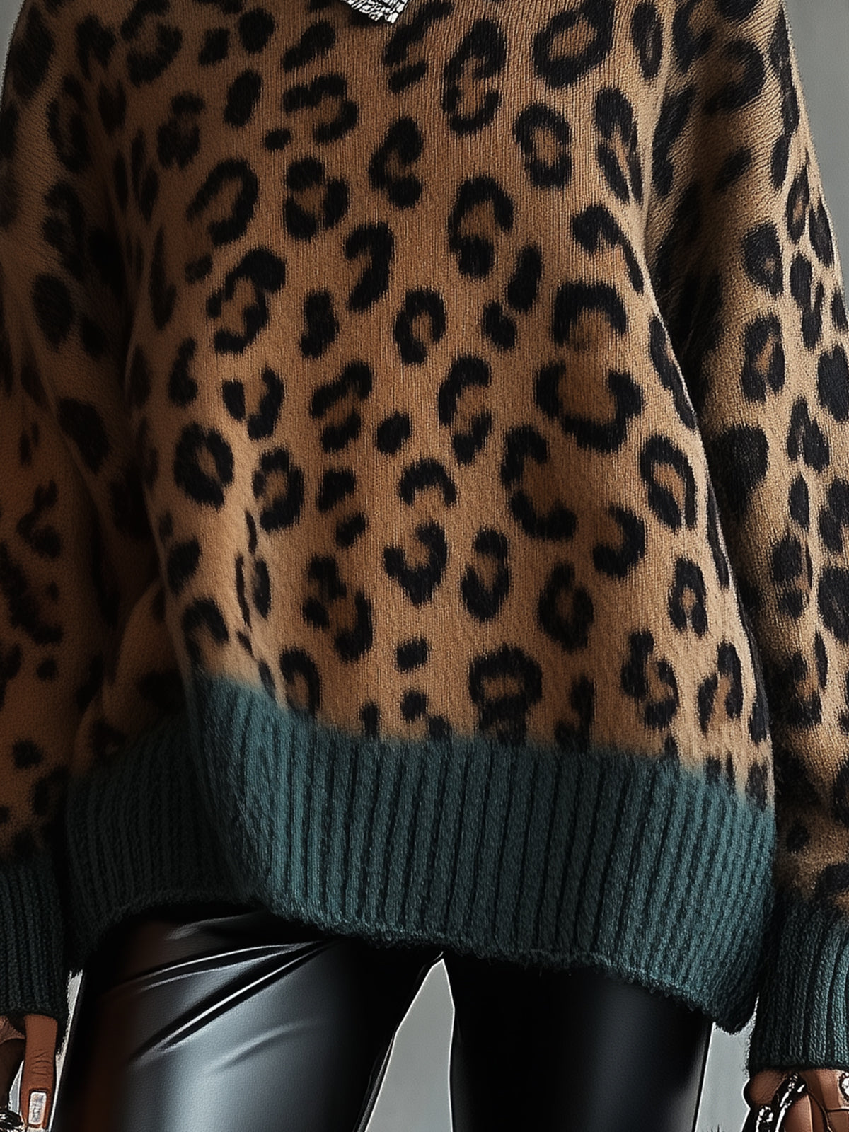 Leopard Print Knit Sweater With Contrasting Ribbed Trim