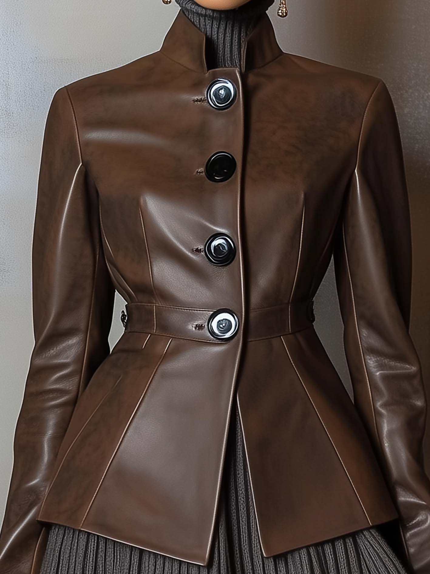 Brown Faux Leather Jacket With Buttons And Stand Collar