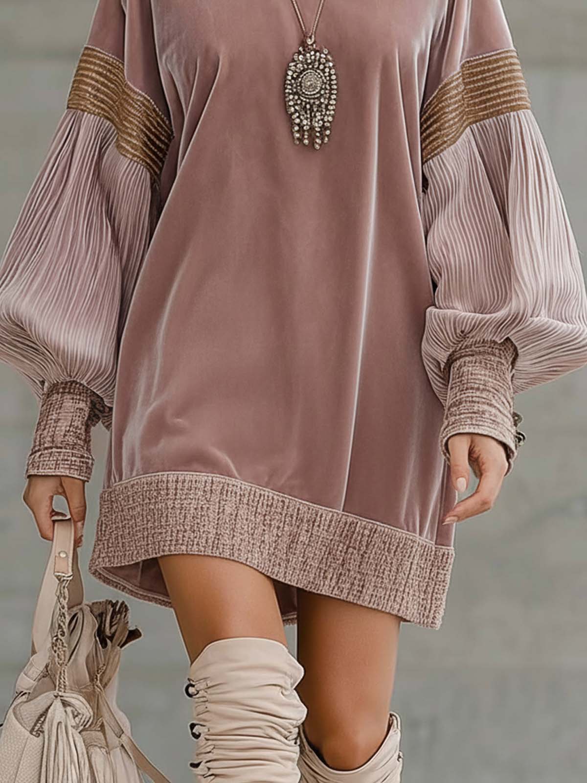 Light Pink Velvet And Corduroy High Neck Loose Mini Dress