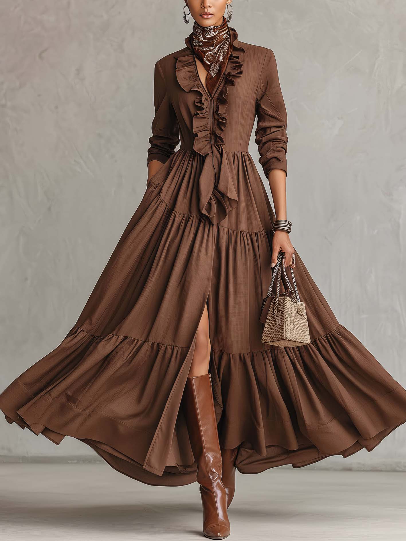 Brown Cotton Linen Ruffled Patchwork Maxi Dress