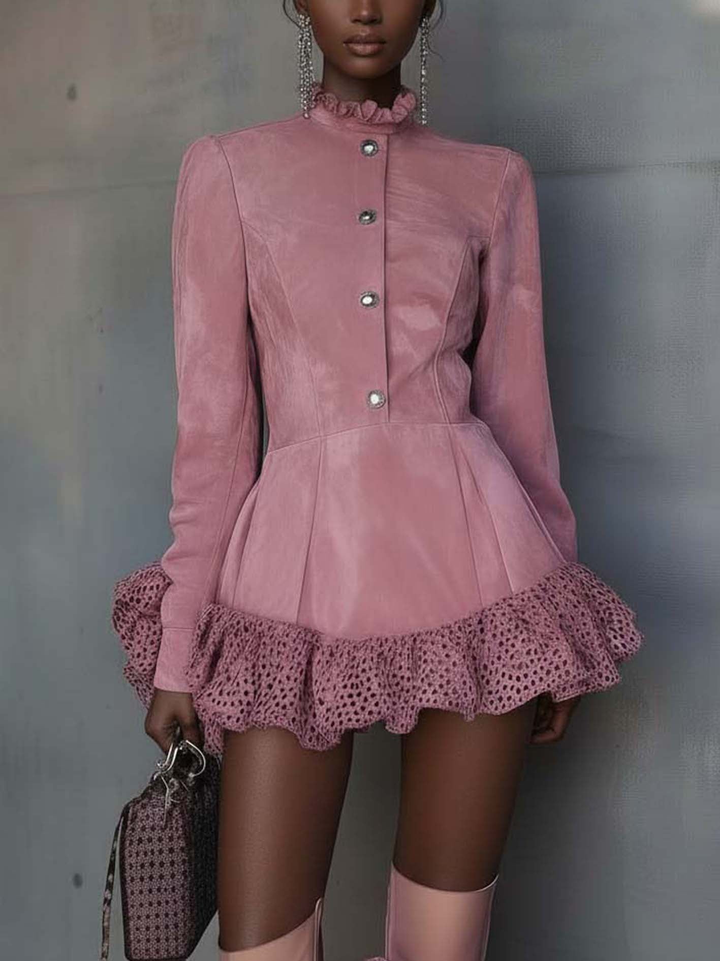 Pink Faux Suede Mini Dress With Leopard Print Ruffles