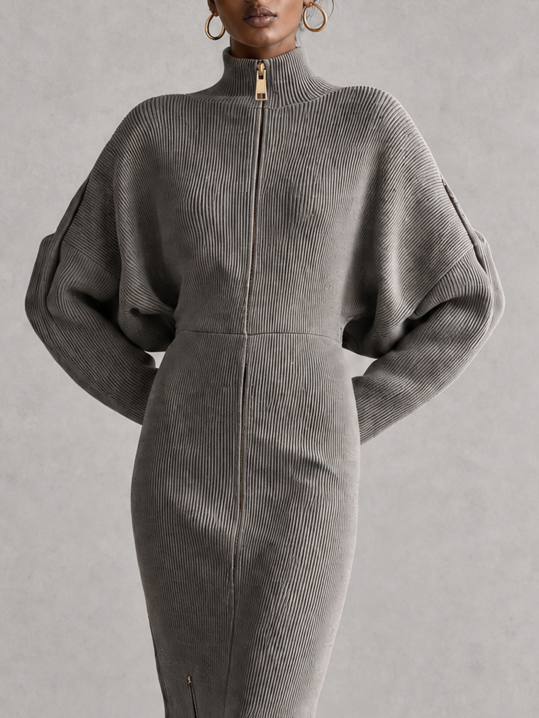 Gray Ribbed Knit Midi Dress