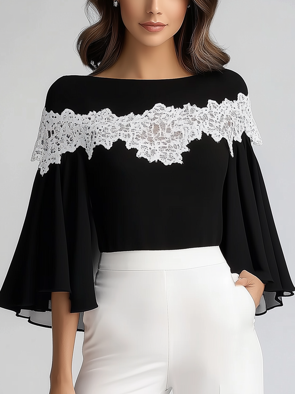 Black Chiffon Shirt With White Lace