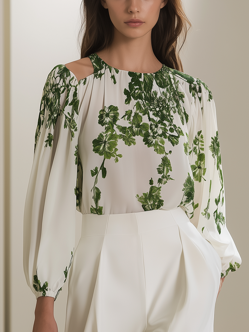 White Chiffon With Green Flower Print Round Neck Shirt