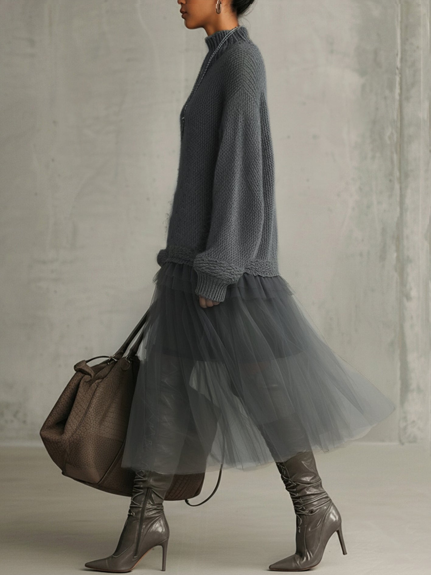 Gray Mohair And Tulle Panel Maxi Dress