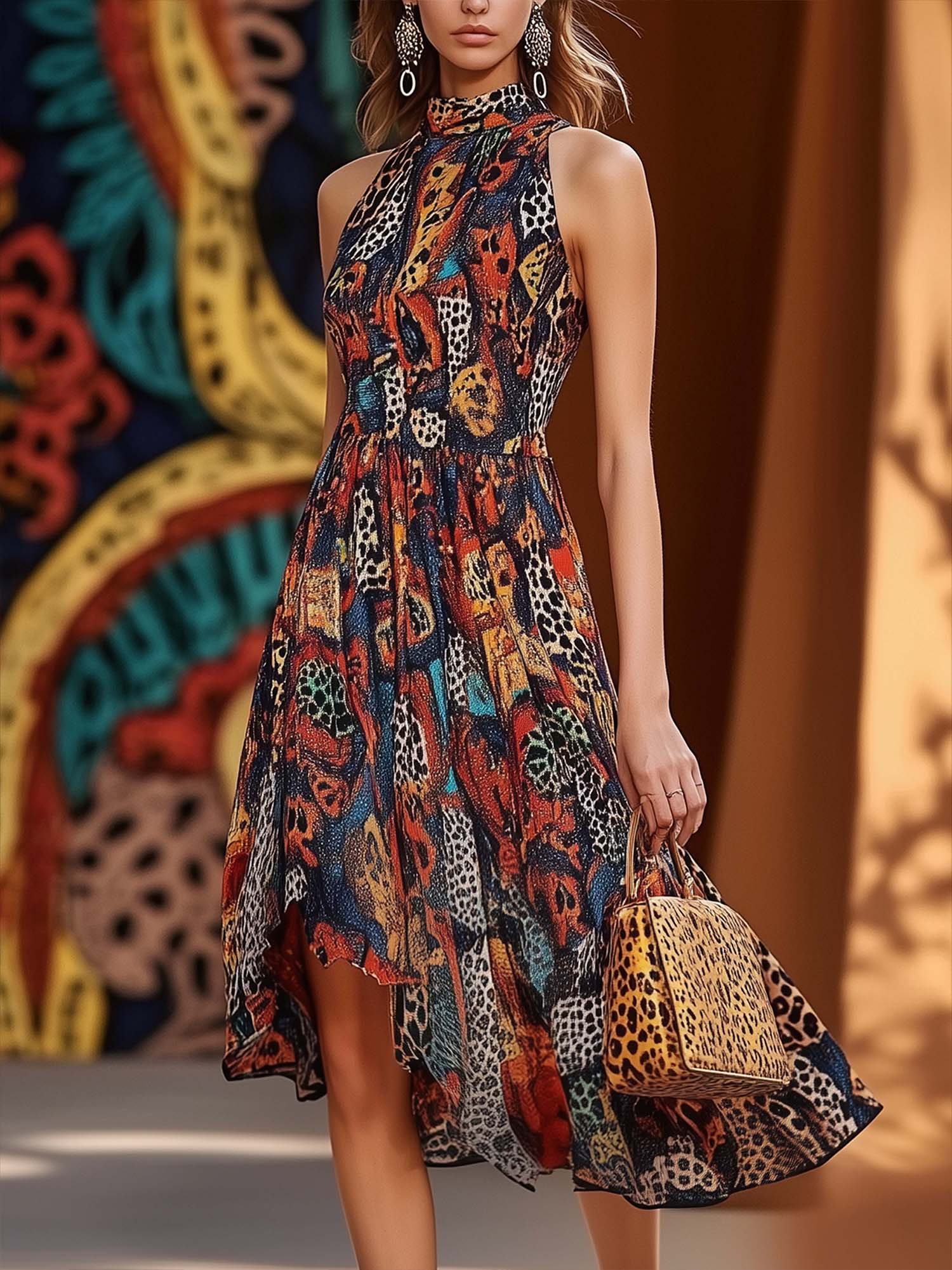 National And Leopard Print Chiffon Midi Dress
