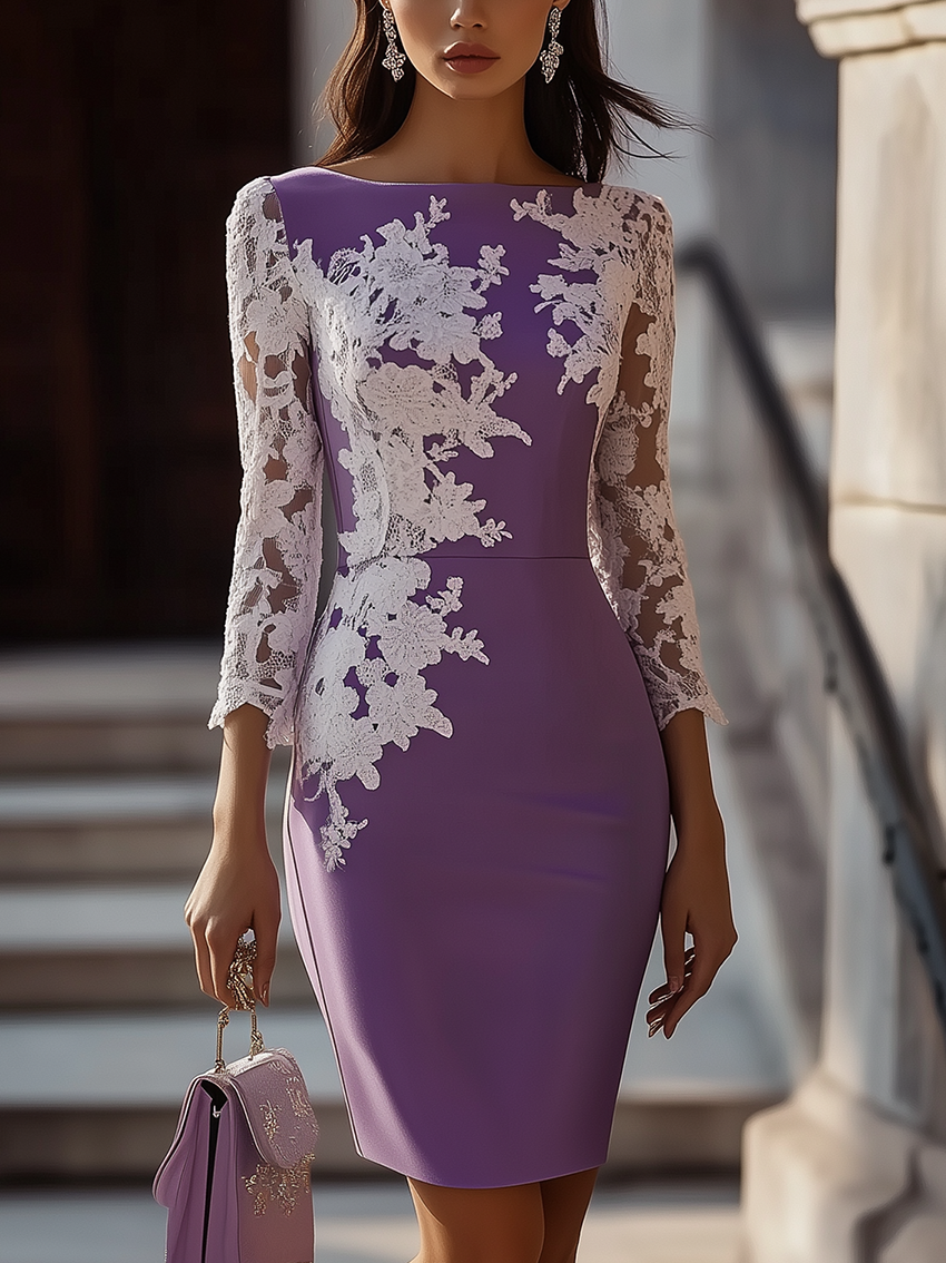 Round Neck Purple Midi Bodycon Dress With White Lace Print And Lace Sleeves