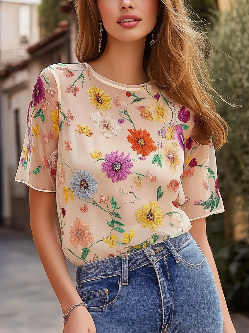 Beige Chiffon Shirt With Flower Print