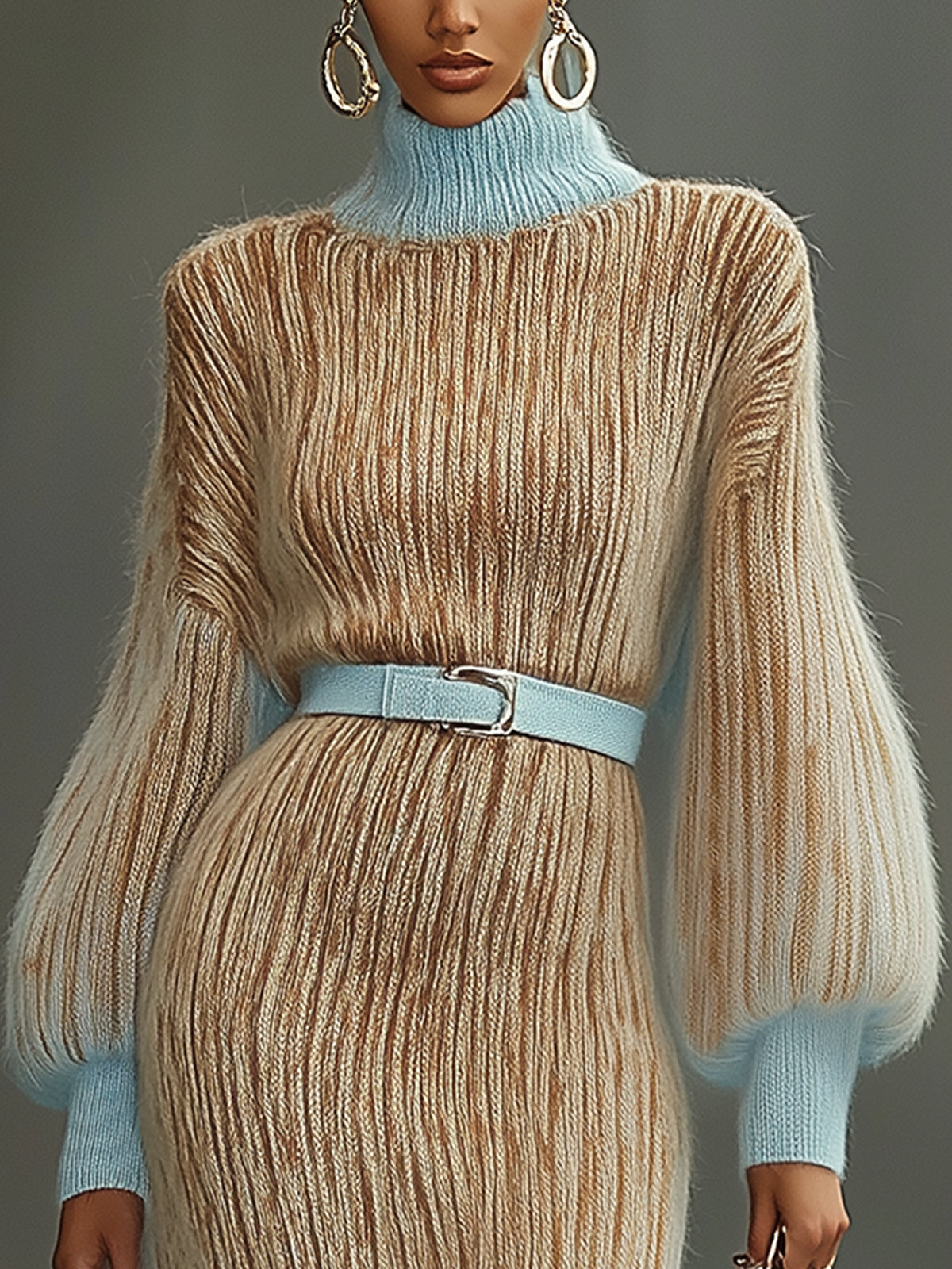 High-neck Beige And Blue Knitted Midi Dress