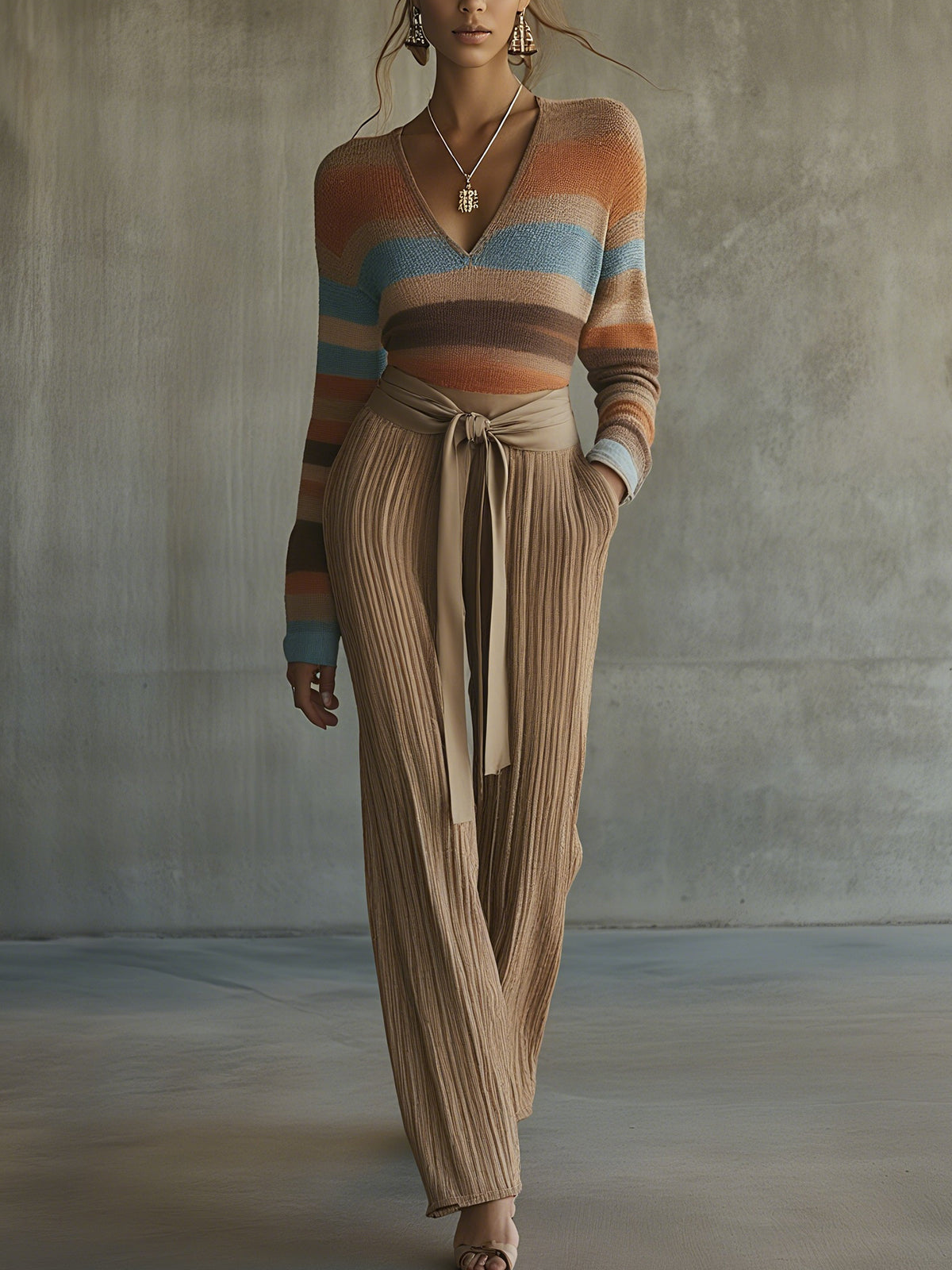 Striped Knit Top And Knit Pants Set