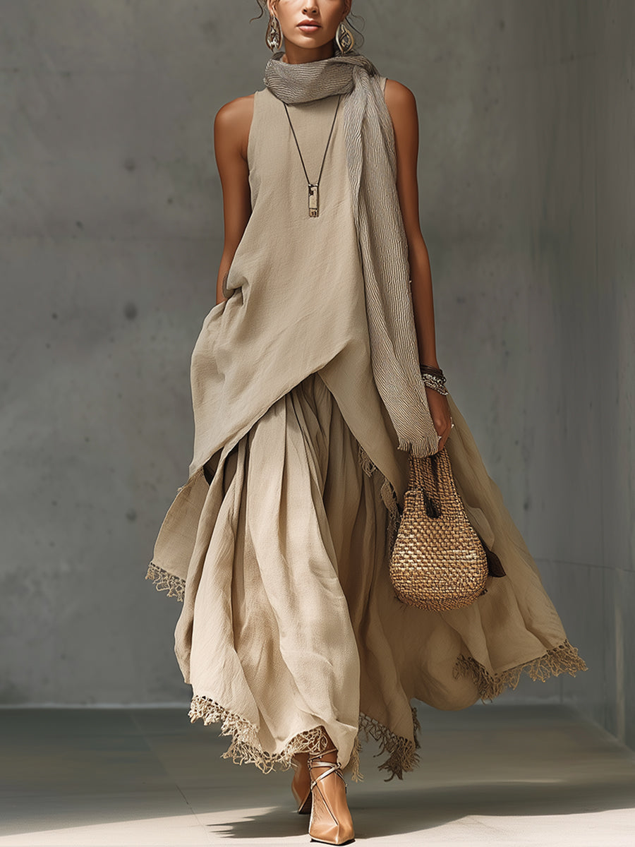Oatmeal Linen Blend Sleeveless Maxi Dress With Lace Trim