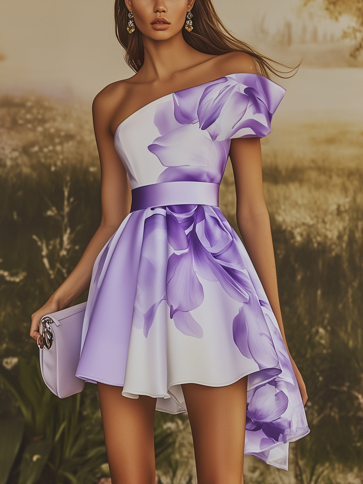 One Shoulder Floral Print Satin Mini Dress With Asymmetrical Hem