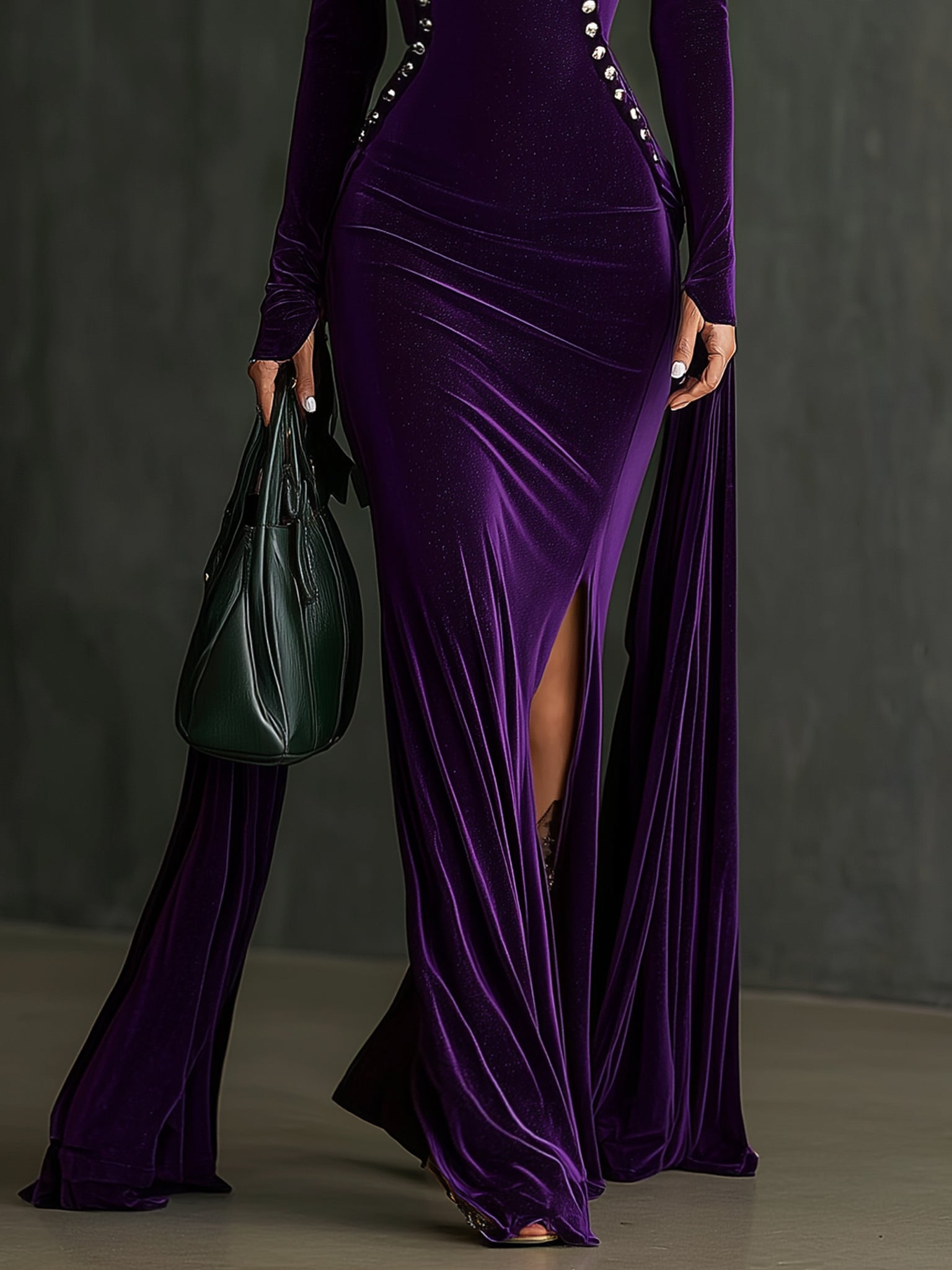 Purple Velvet Turtleneck Long Sleeve Maxi Dress