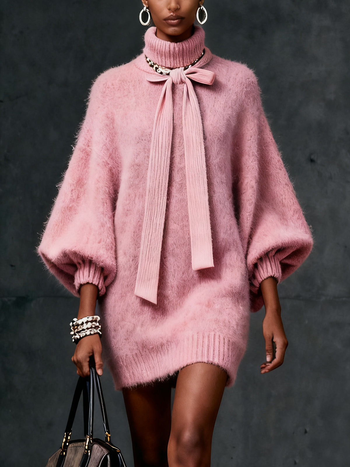 Blush Elegance Bow-Detail Mohair Sweater Dress