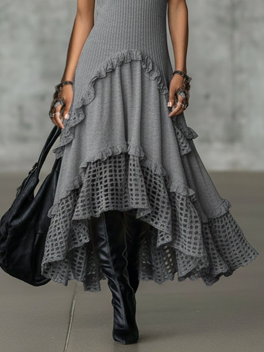 Gray Turtleneck Sleeveless Knit Mesh Flare Dress