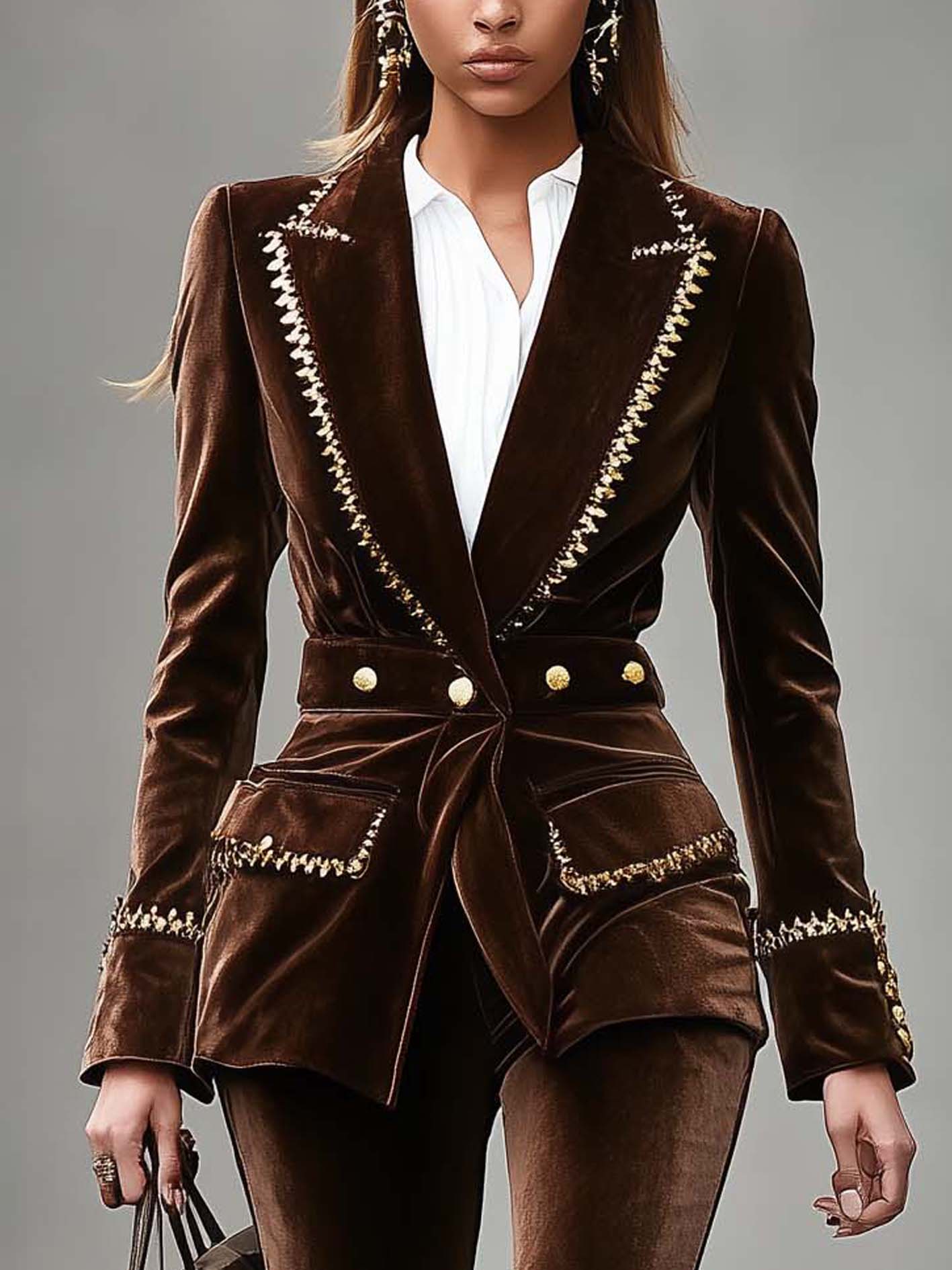 Brown Velvet Blazer With Gold Fashion Ribbon