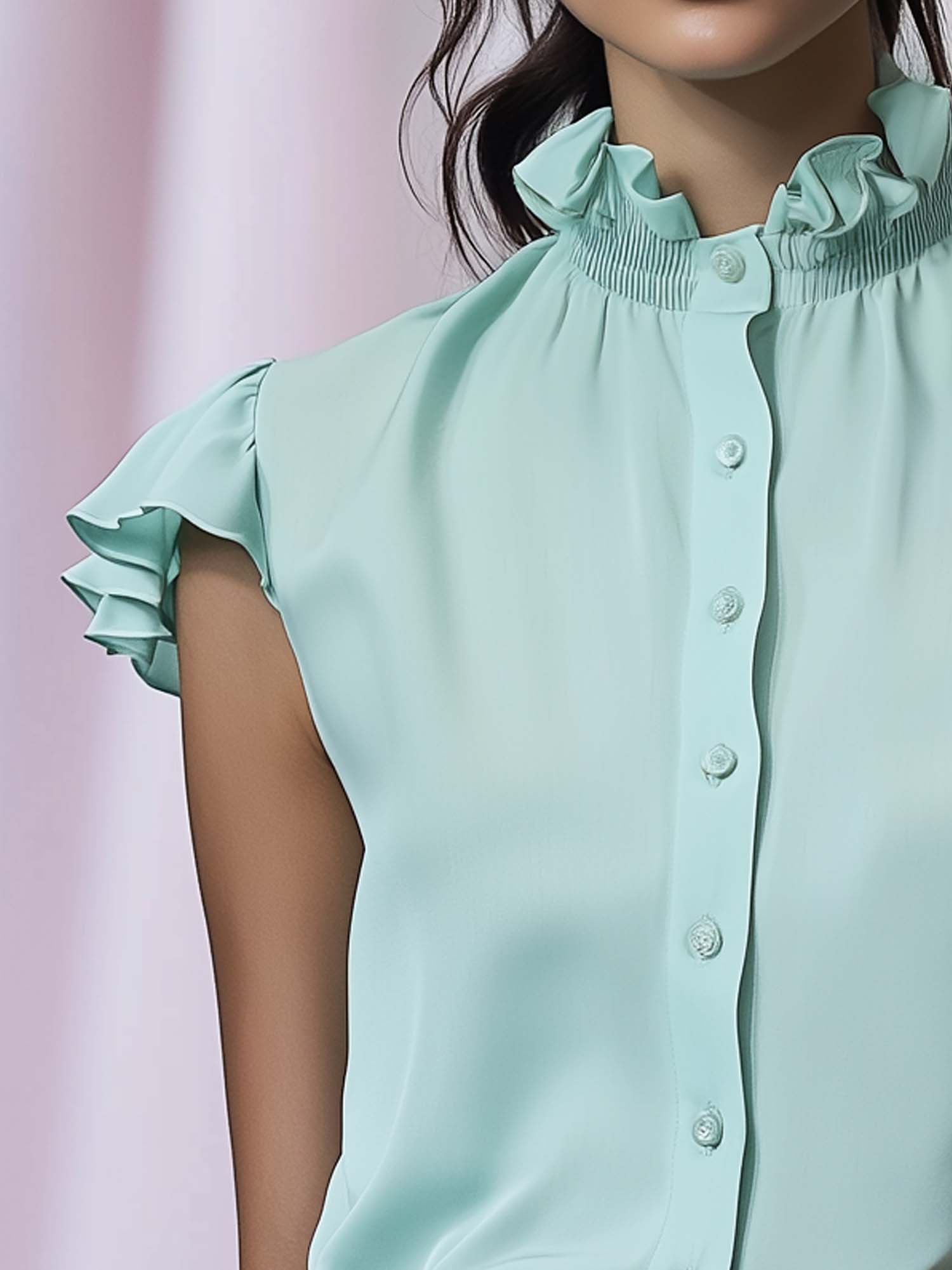 Sleeveless Mint Green Chiffon Blouse With Ruffles