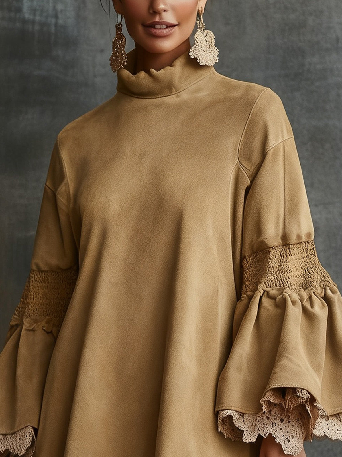 Beige Faux Suede And Lace Bell Sleeve Swing Dress