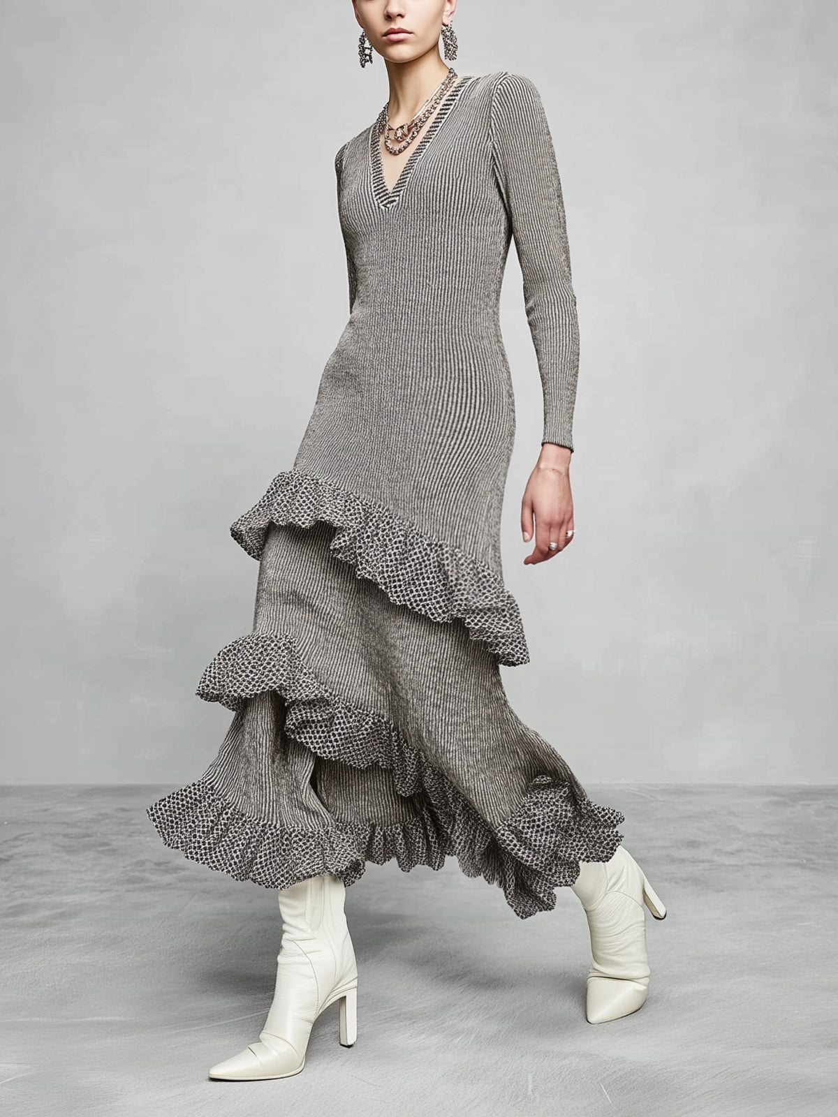 Charcoal Ribbed Knit Ruffle Trim V-Neck Long Sleeve Maxi Dress