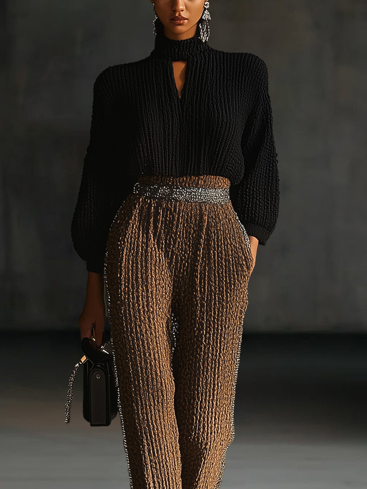 Black Knit High-Collar Top With Knit Bronze Pants Set