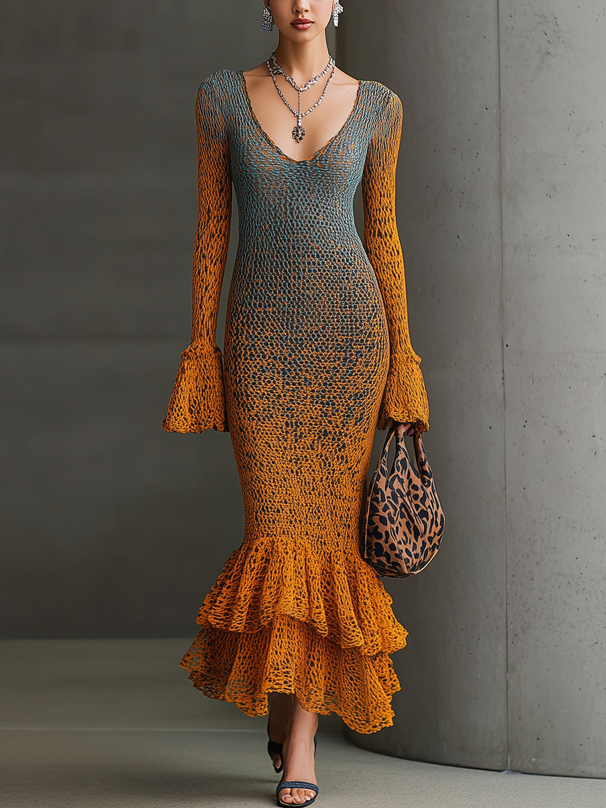 Orange Ombre Knit Ruffle Hem V-Neck Bodycon Dress