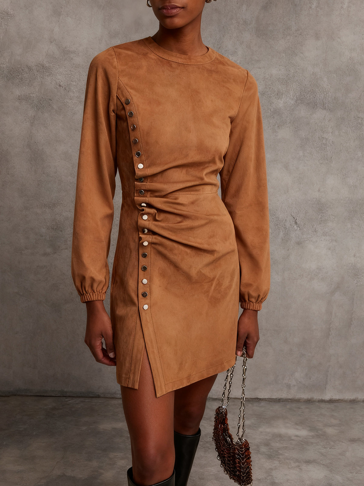 Camel Faux Suede Dress With Side Snap Detail