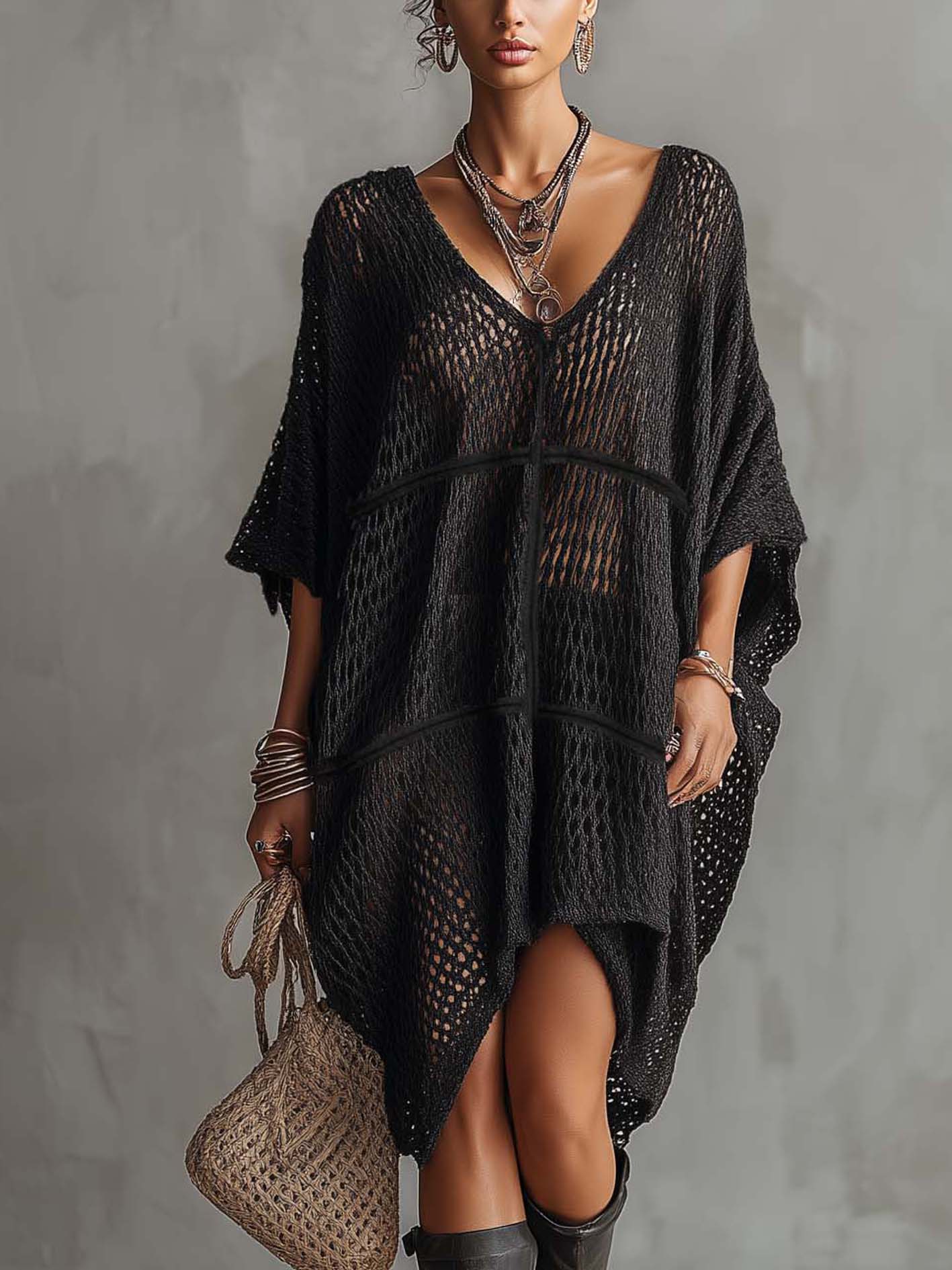 Black Hollow Out Textured Loose Knit Mini Dress