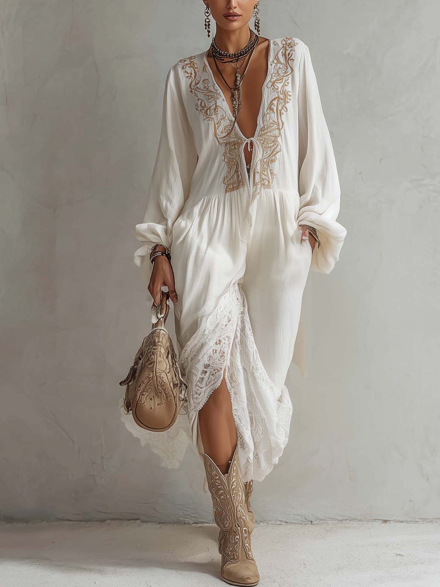 White Cotton Linen Embroidered Chiffon Patchwork Lace Hem Midi Dress
