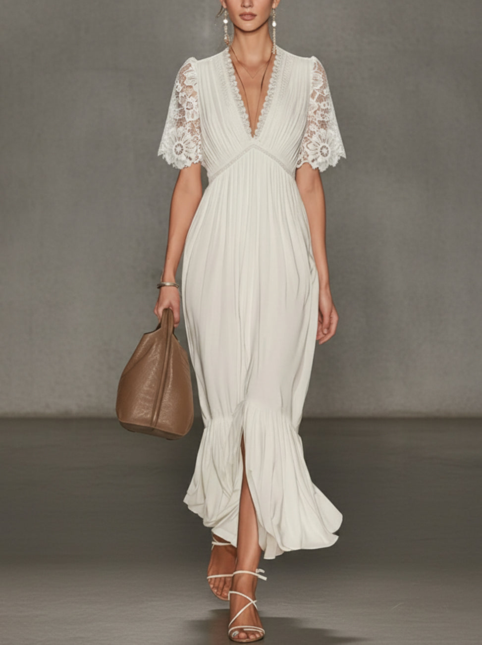 White Lace-Sleeve V-Neck Pleated Maxi Dress