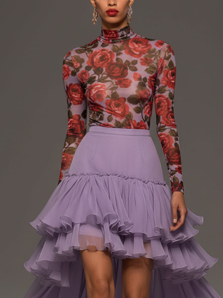 Lilac Sheer Turtleneck And Chiffon Skirt Set