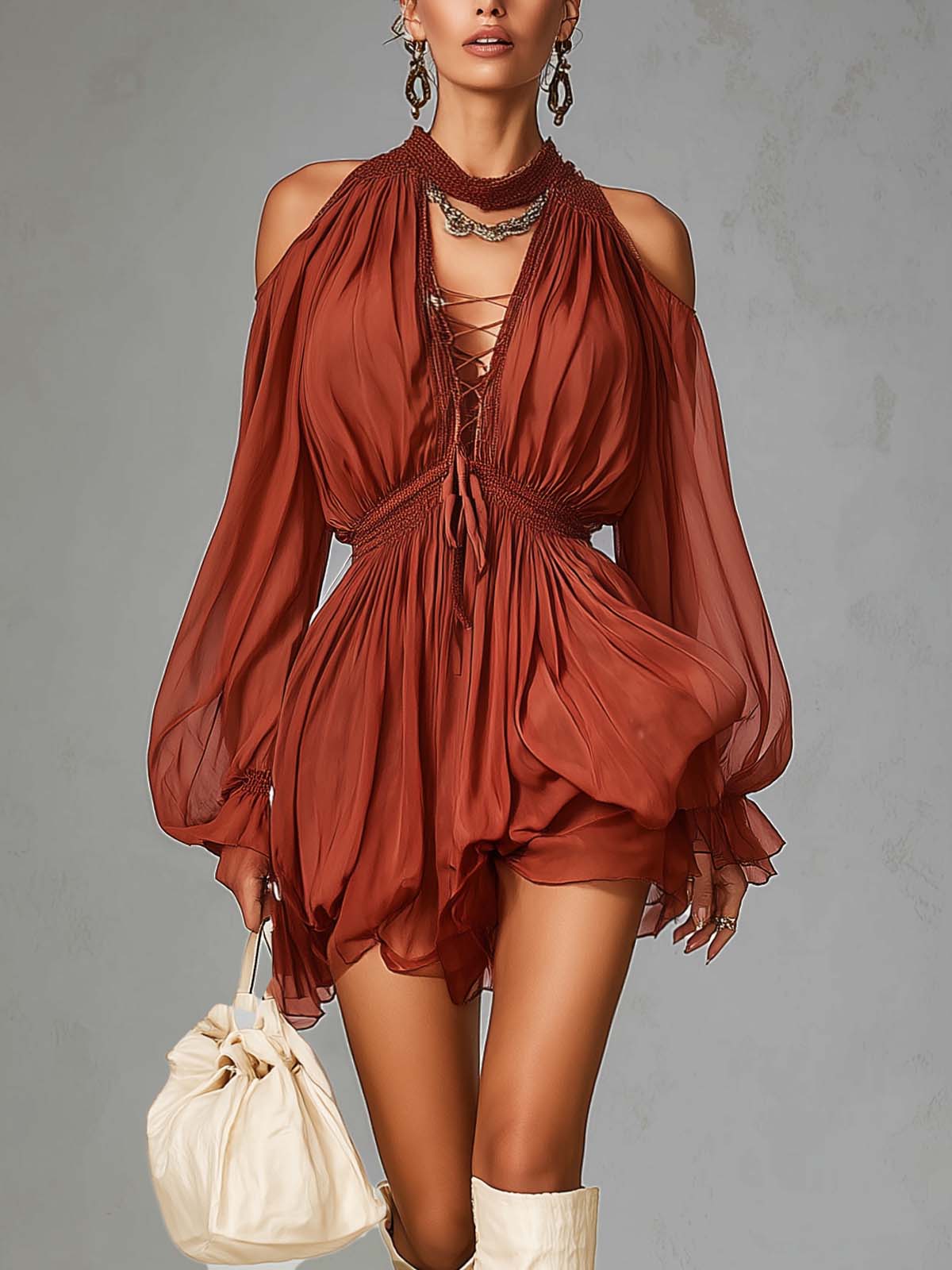 Red Chiffon Off Shoulder Cutout Tie Up Mini Dress