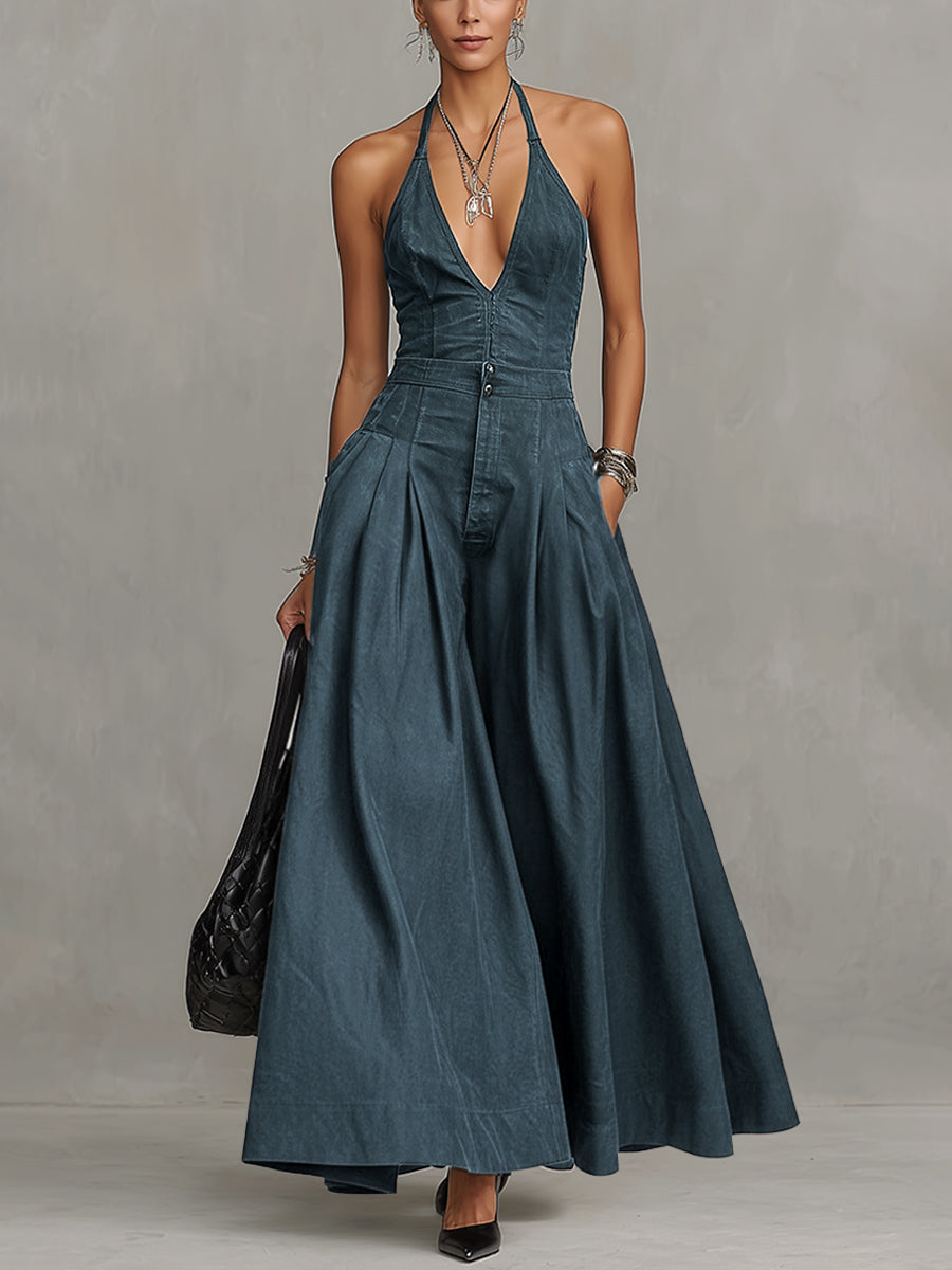 Blue Vintage Washed Cotton Sleeveless Maxi Dress
