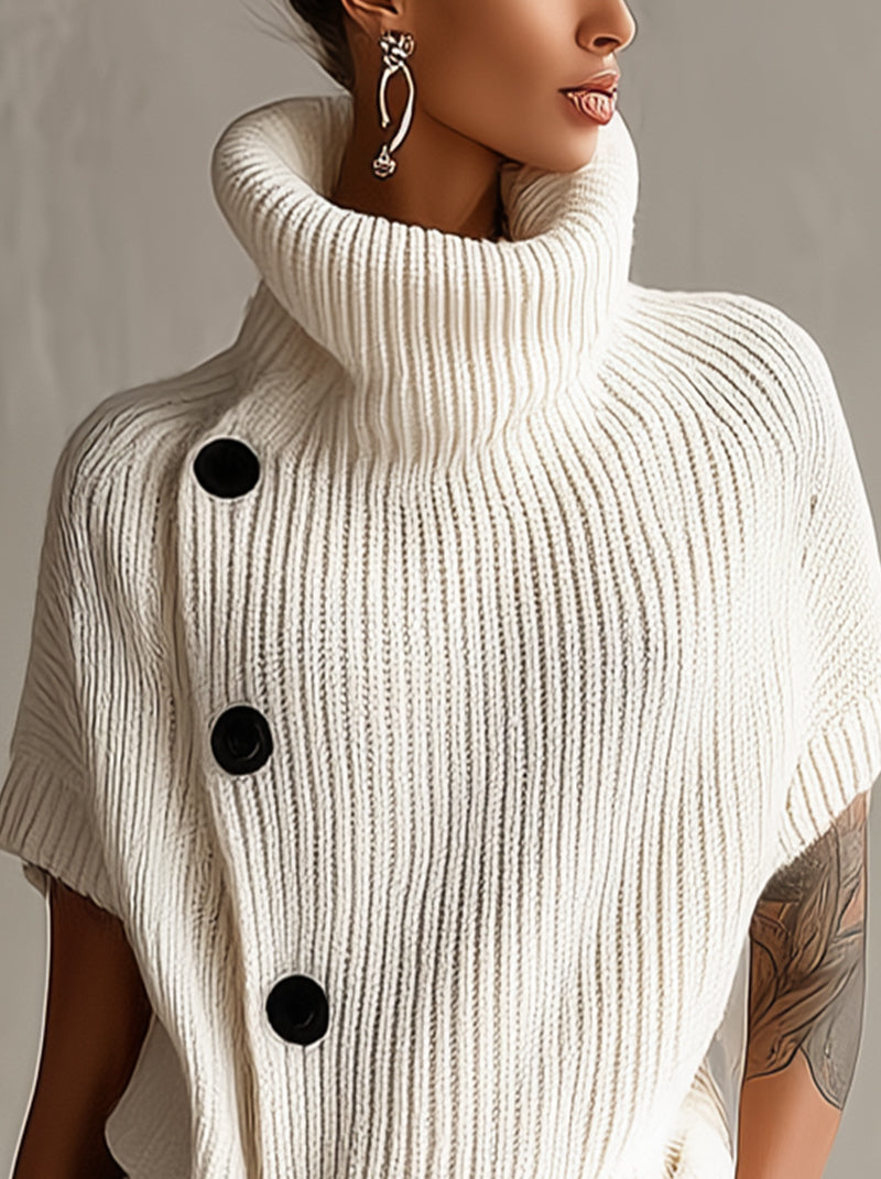 Ivory Ribbed Knit Asymmetric Button Turtleneck Sweater