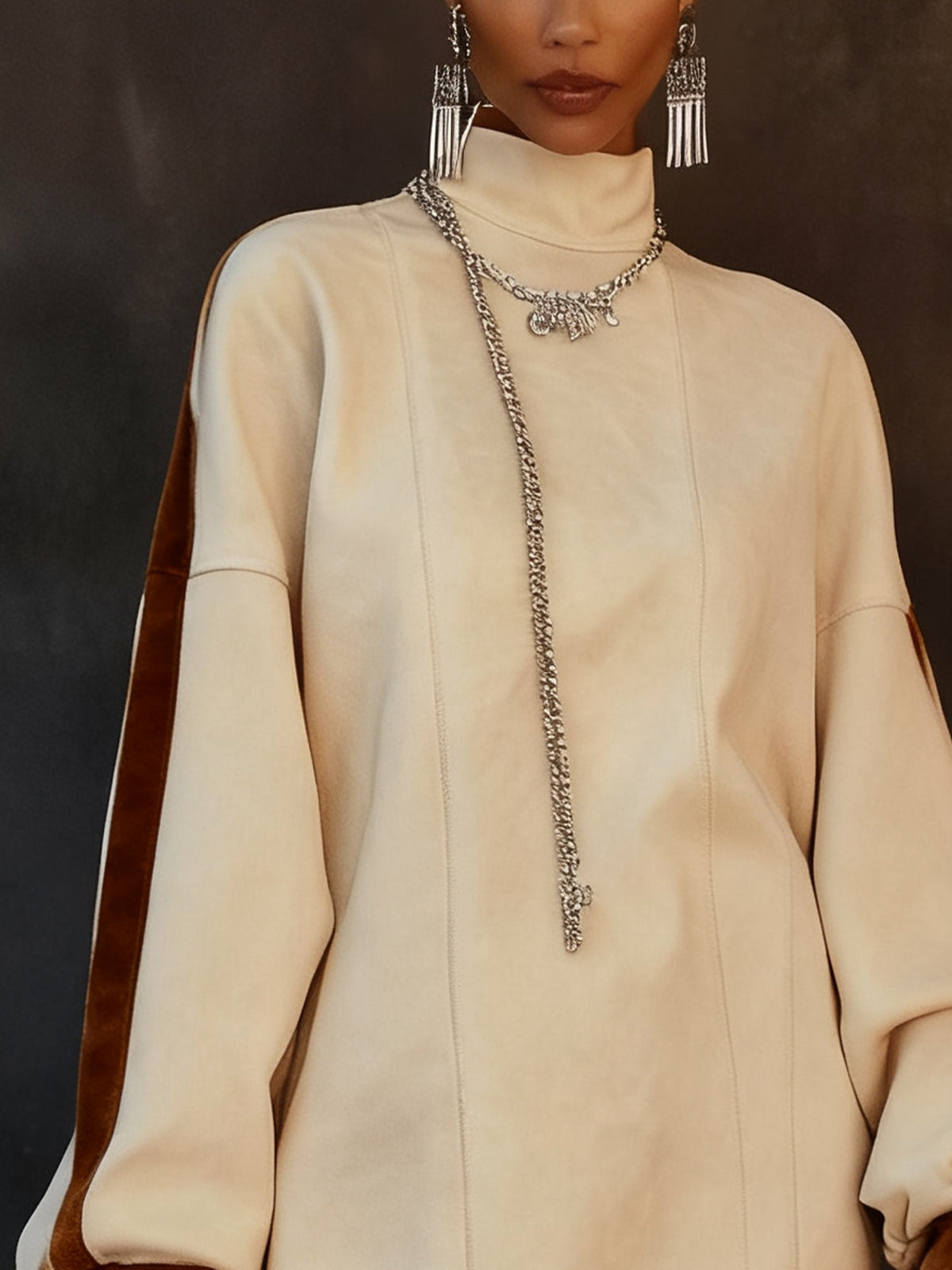 White And Brown Faux Suede Fringe Trim Sweater Dress