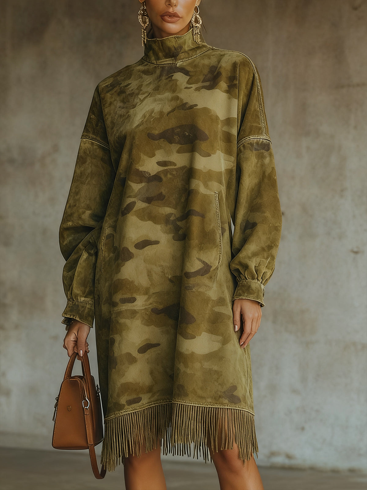 Olive Camouflage Faux SuedeTurtleneck Fringed Hem Dress