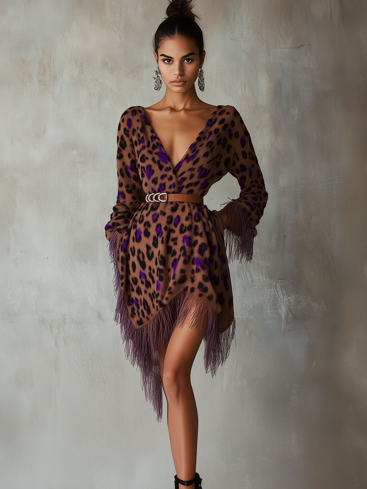 Brown Leopard Print Belted V-Neck Long Sleeved Asymmetric Mini Dress