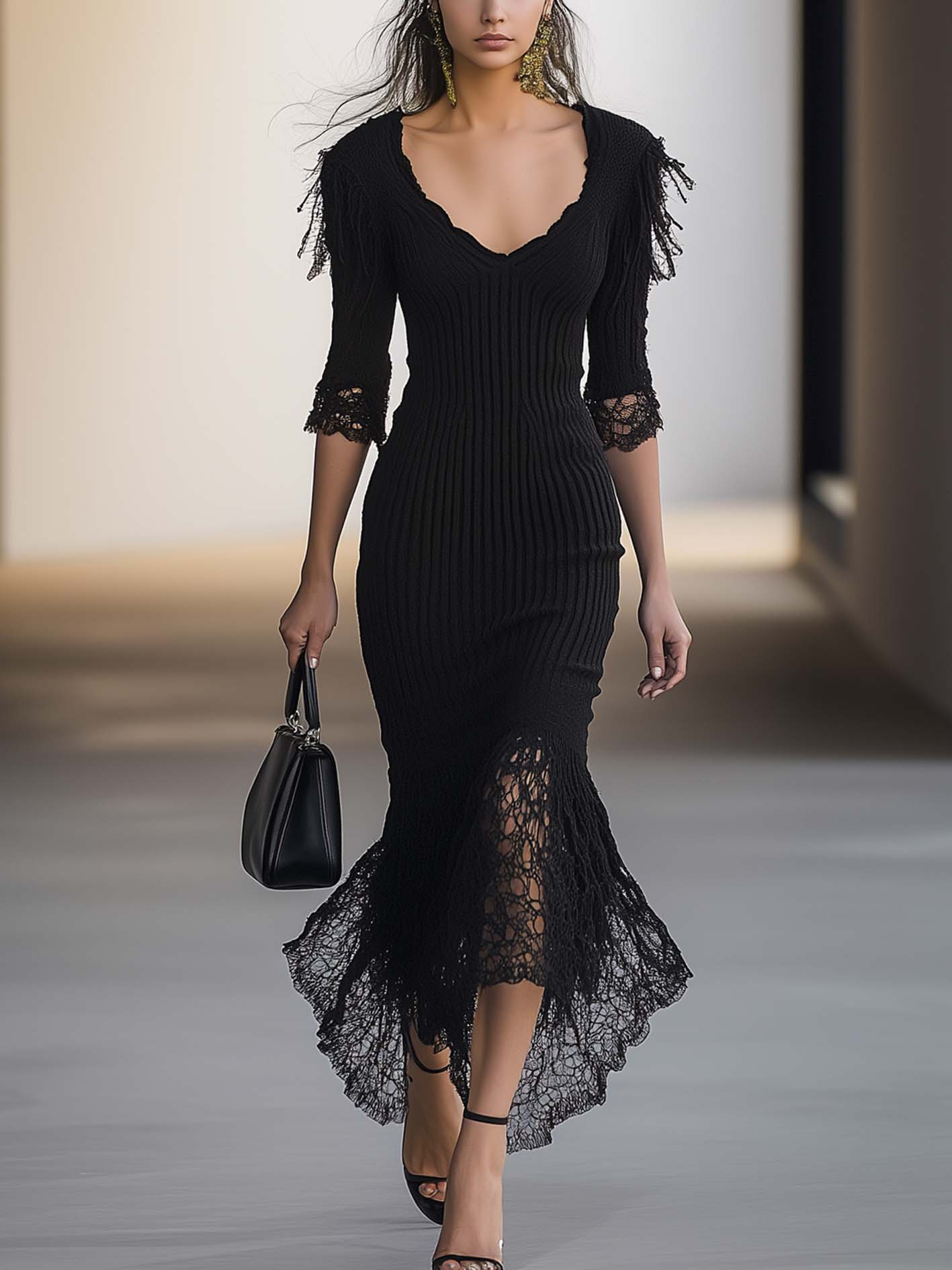 Black Knit Maxi Bodycon Dress With Mesh Lace And Tassels