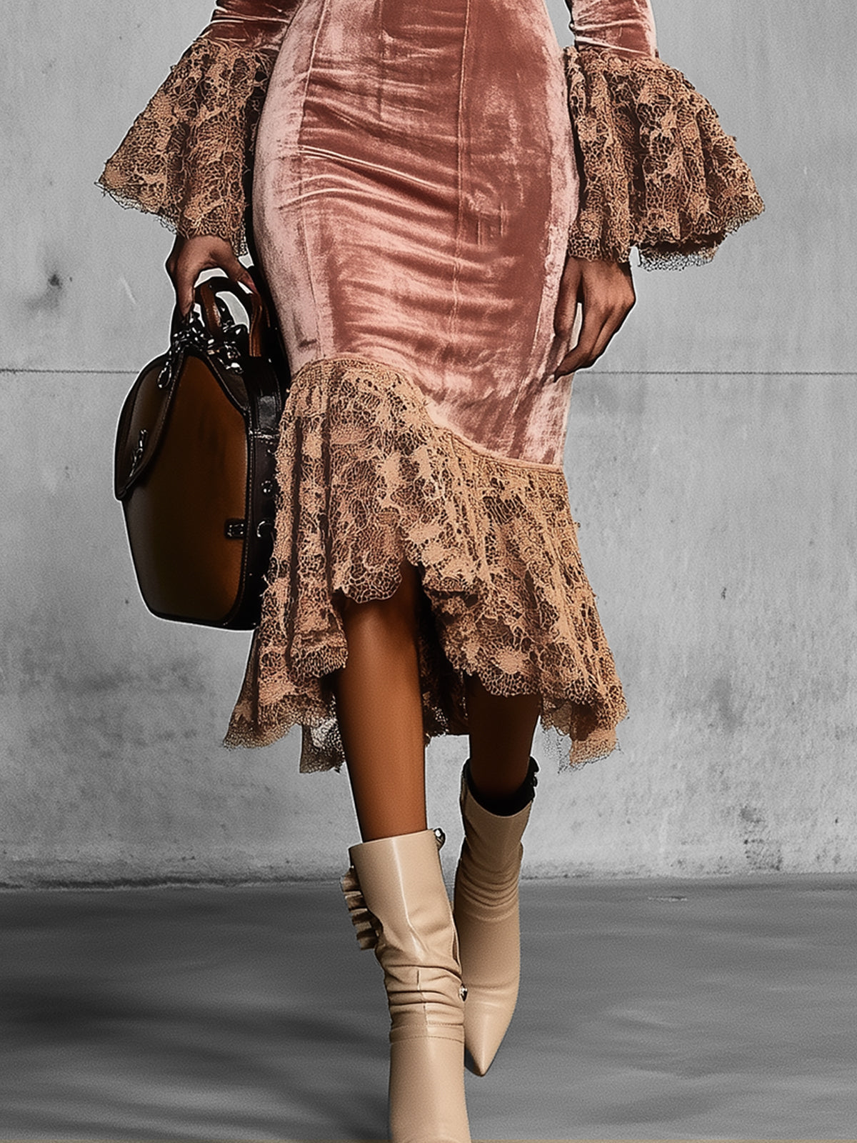 Pink Velvet And Lace Midi Dress