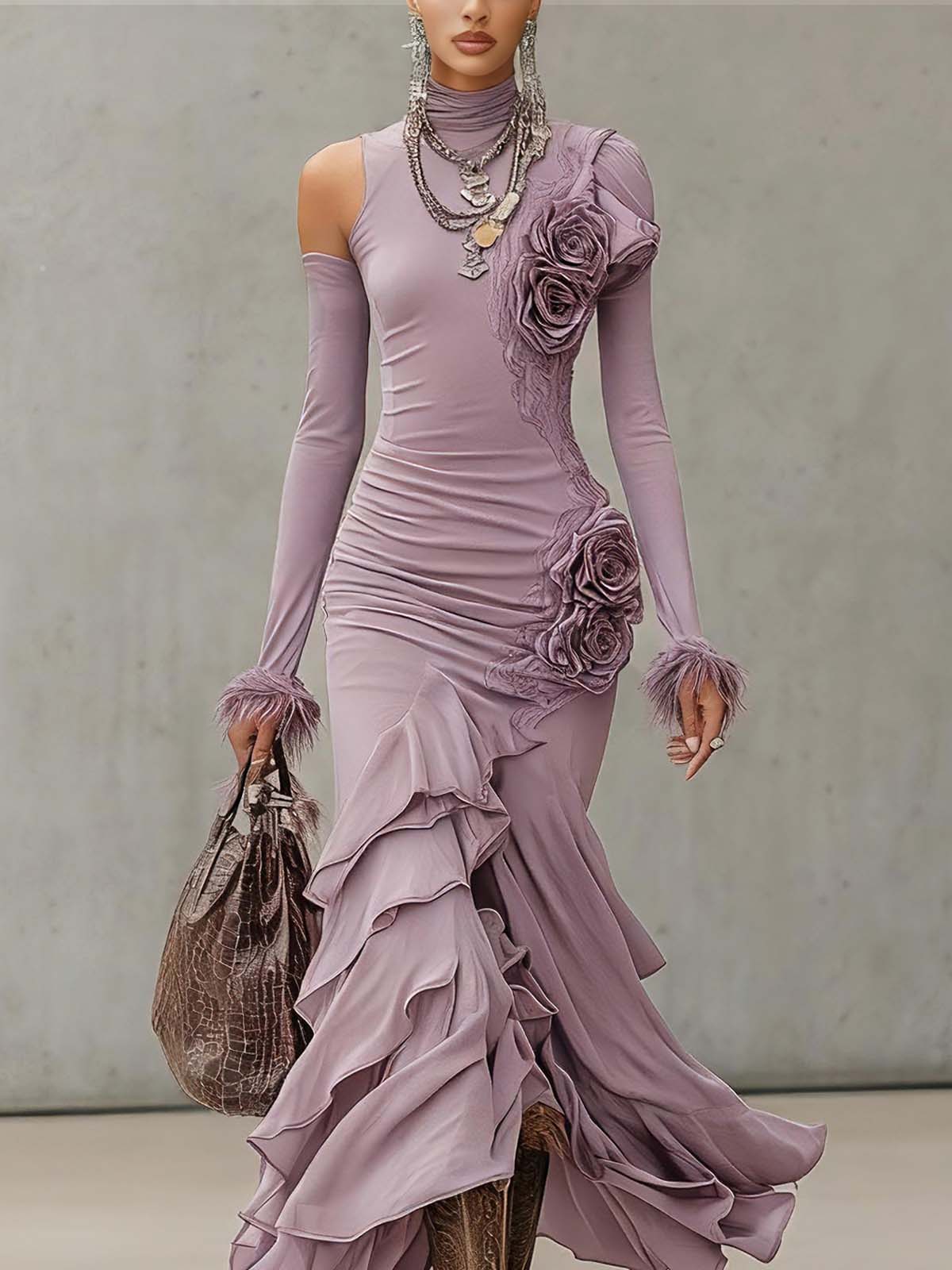 Purple Stretch Fabric Asymmetrical Layered Ruffled Maxi Dress
