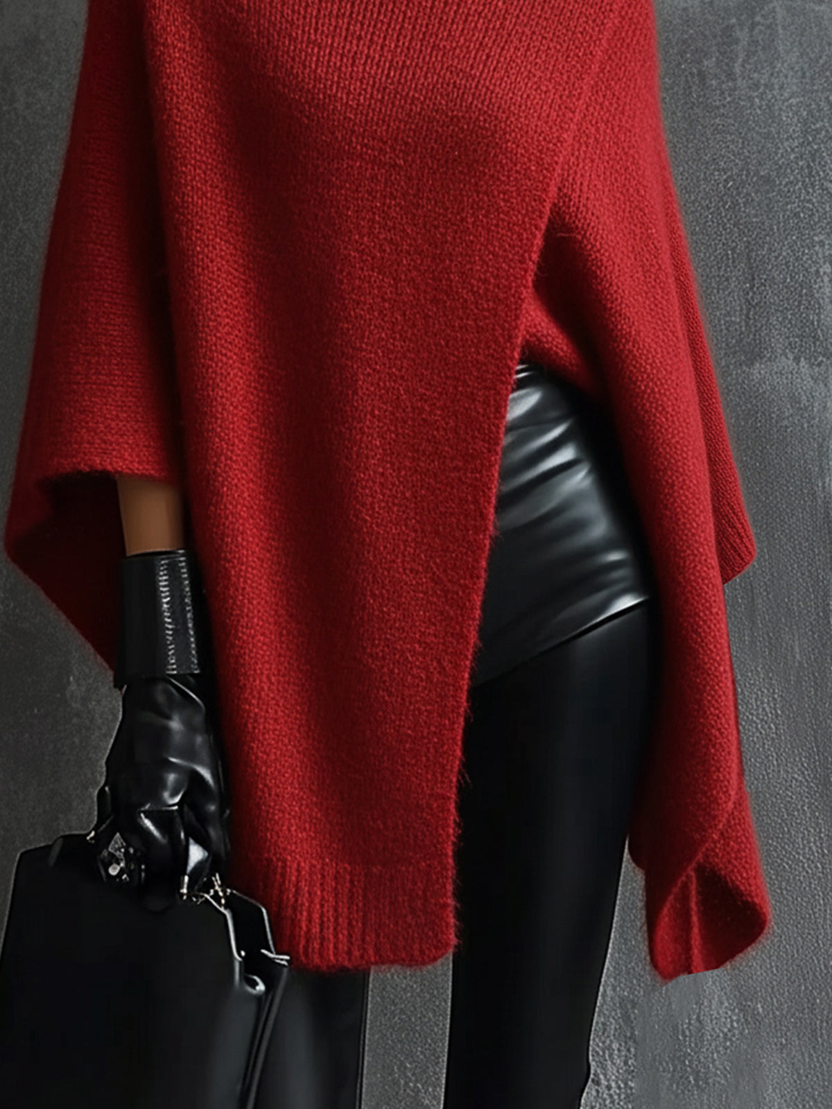 Red Knit Asymmetrical Poncho Sweater