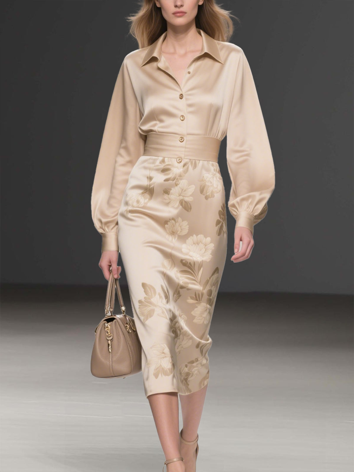 Champagne Satin Shirt Dress With Floral Print