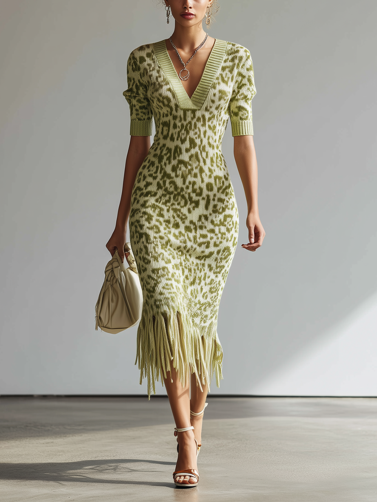 Olive Leopard Knit Fringe Hem Midi Dress