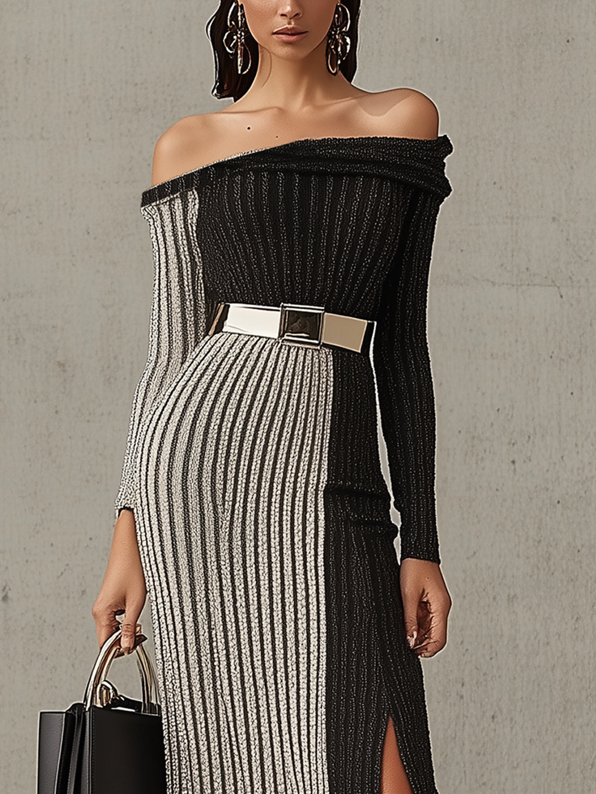 Off Shoulder Black And White Ribbed Maxi Dress