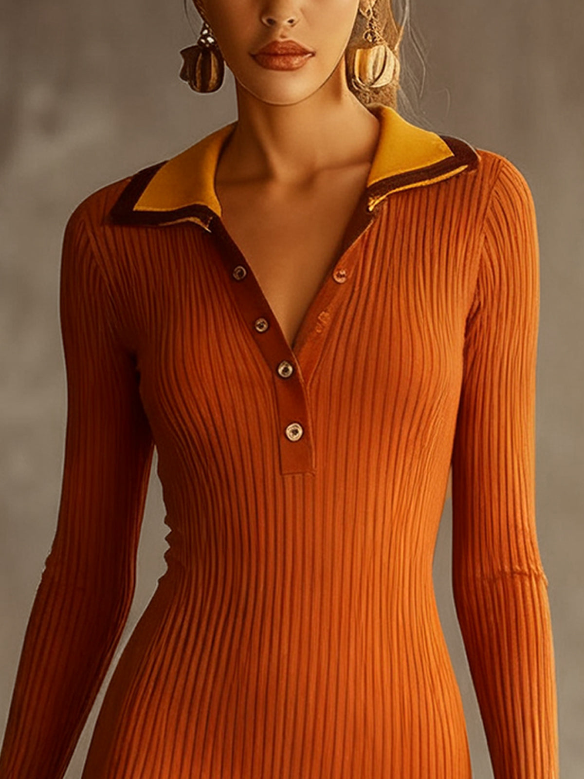 Orange Ribbed Knit Mini Dress With Ruffled Hem
