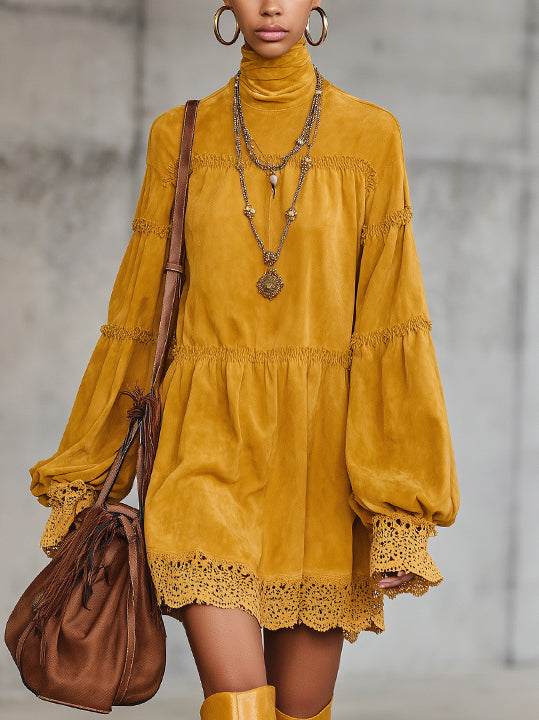 Yellow Faux Suede Mini Dress With Lace Trim And Voluminous Sleeves