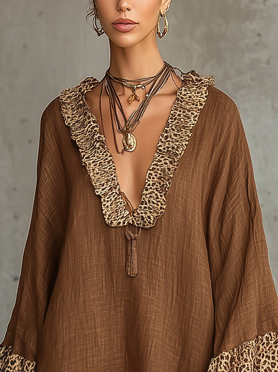 Brown V-Neck Long Sleeve Leopard Ruffle Trim Mini Dress