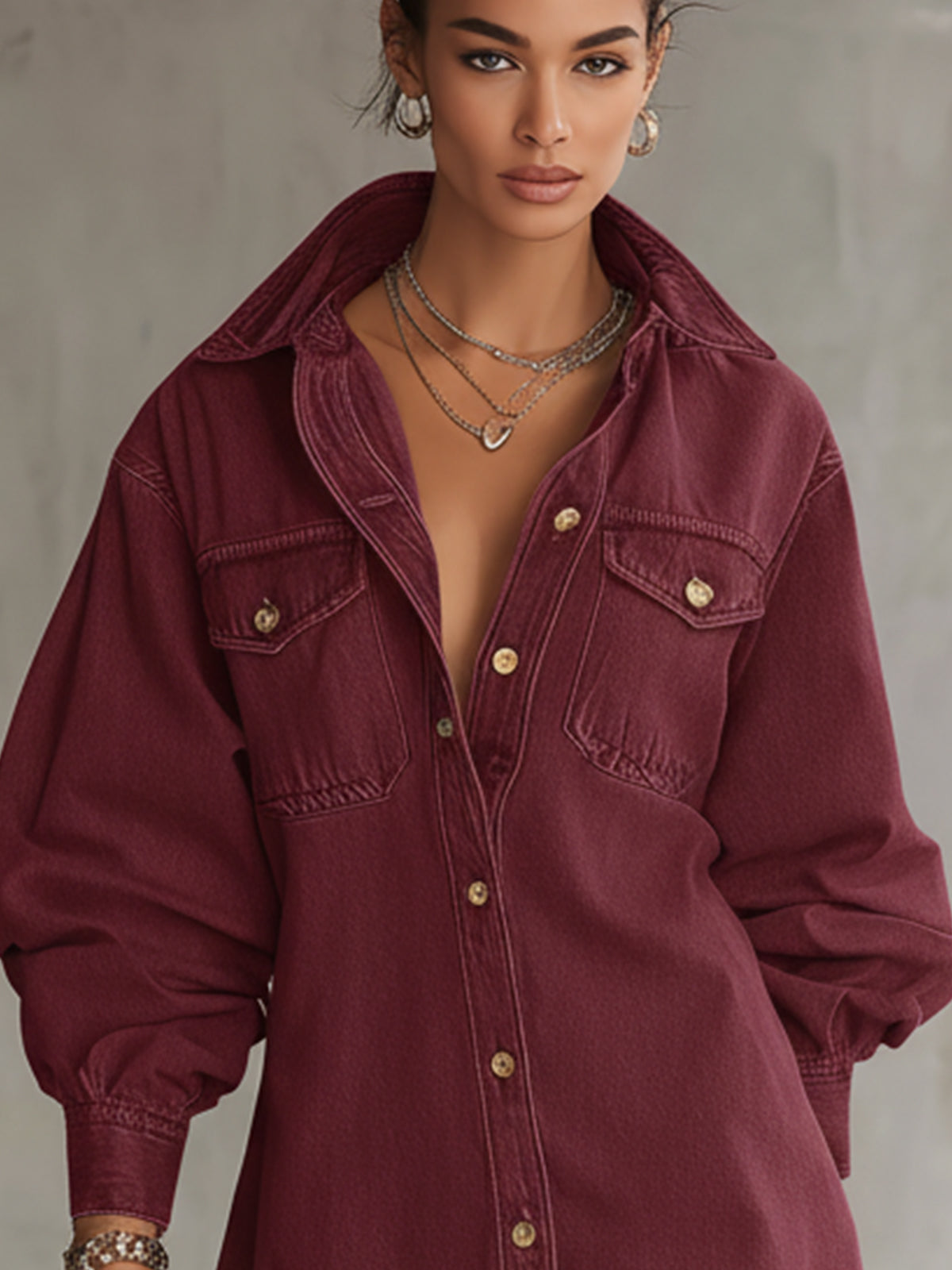 Wine Red Button-Up Shirt Dress With Pocket Detail